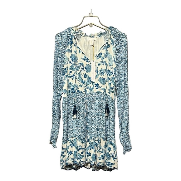 House of Harlow 1960 Floral Print Tassel Tie Dress V-Neck Long Sleeve Boho Mini - Picture 1 of 15